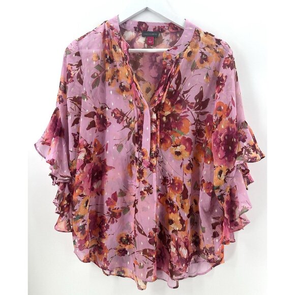 Vince Camuto Pink Purple Floral-Print Flutter-Sleeve Blouse Size L Boho AC35 - Picture 1 of 10
